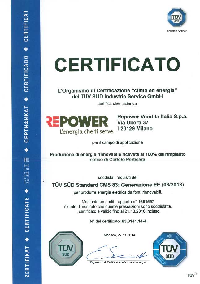 Certificazione TUV RePower - 2014